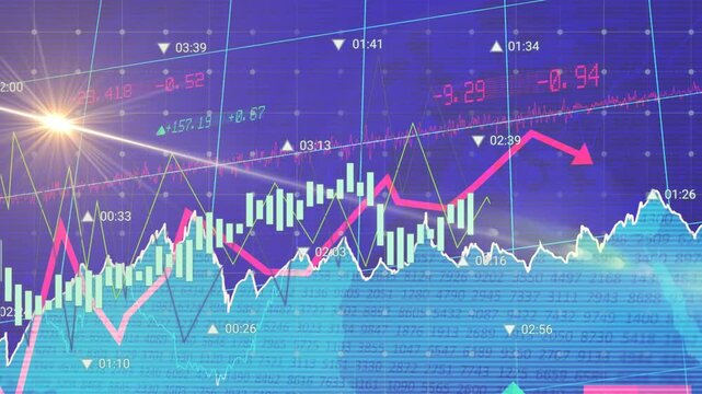 Animation of binary coding data processing over grid on blue background