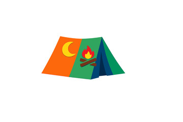 Brightly colored tent with symbols of night and fire set up for camping in a simple outdoor environment during daylight hours