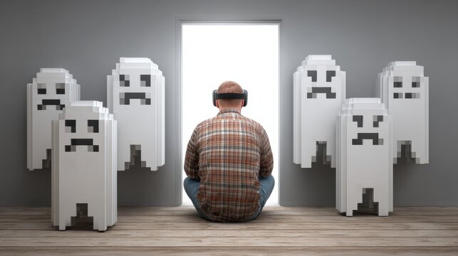 Person Using VR Headset Sits Alone in Empty Space Surrounded by Pixelated Figures Representing Digital Loneliness and Isolation in Virtual Reality