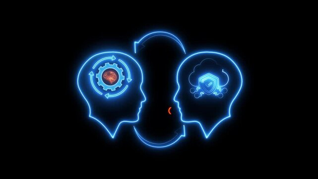 Neon outline heads communicating with brain and cloud icons symbolizing AI and data security exchange