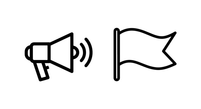 Outline icons of a megaphone with sound waves and a blank flag, symbolizing announcement and declaration or a call to action.