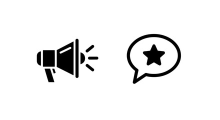 Solid icons of a megaphone emitting sound and a speech bubble with a star, representing a featured announcement or excellent feedback.