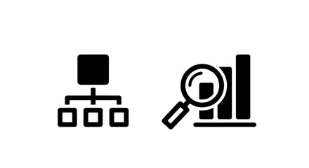 Solid icons of a hierarchical structure and a magnifying glass over a bar chart, representing data analysis and organization.