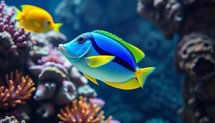 Fototapeta premium Vibrant tropical fish swimming in coral reef aquarium, glass, water