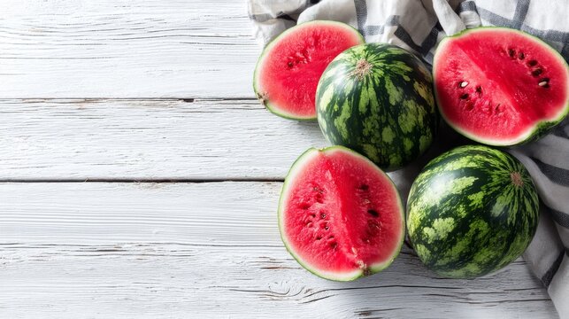 Freshly Sliced Watermelon on Rustic White Wooden Table with a Checkered Cloth, Summer Fruits, and Natural Light from Above
