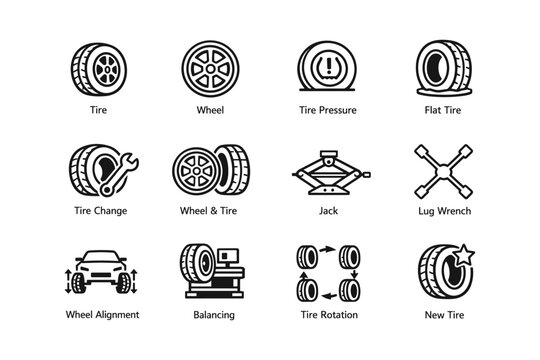 Tire service icons: pressure, flat, change, alignment, balancing, rotation