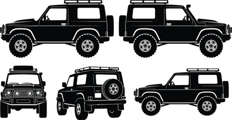 Collection of Black Vector Silhouettes Featuring a Compact Off-Road 4x4 SUV from Multiple Angles Including Side Front and Rear Views Isolated on White Background © MstAnufa