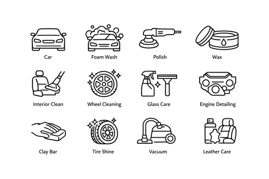 Car detailing icons: foam wash, polish, wax, and more