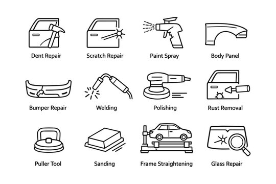 Auto body repair icon set featuring tools and techniques for dent and scratch maintenance