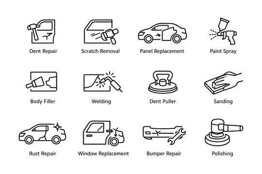 Auto body repair icons: dent repair, paint spray, welding, sanding, polishing