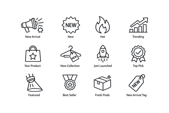 Icon set featuring new arrival, trending, and best seller symbols with tags and awards