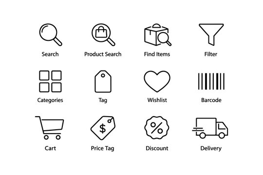 E-commerce icon set: search, filter, cart, wishlist, delivery