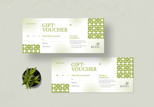 Modern Green Gift Voucher Card Template with Abstract Geometric Pattern