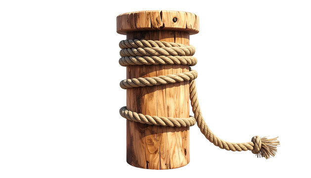 Wooden post with rope wrapped around, knotted end
