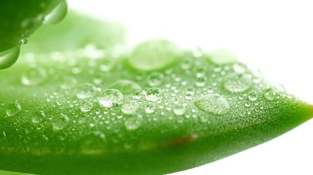 Extreme Macro Glide A slow, smooth horizontal glide across the surface of a dew-kissed leaf, revealing microscopic textures and water droplets under direct top light.