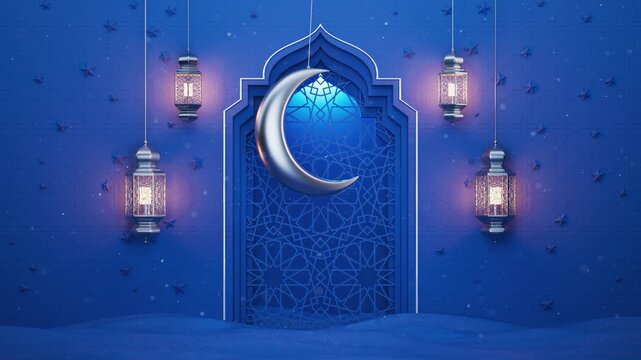 Blue Islamic interior with ornate window, hanging silver moon and lanterns animation. Ramadan Kareem Islam motion background with magic sparks. Holiday elegant animated 3d backdrop