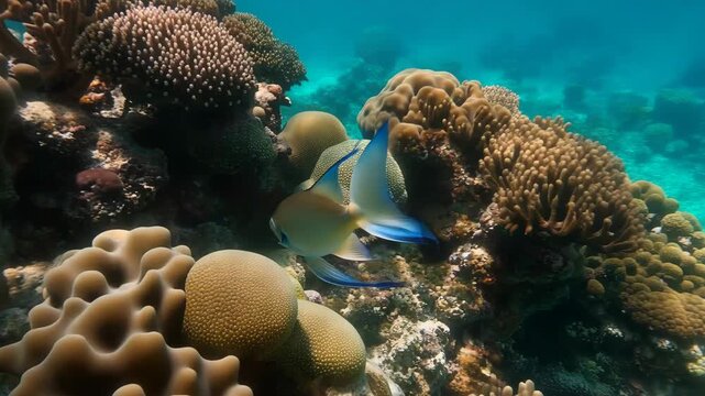 Vibrant coral reef ecosystem with powder blue tang fish