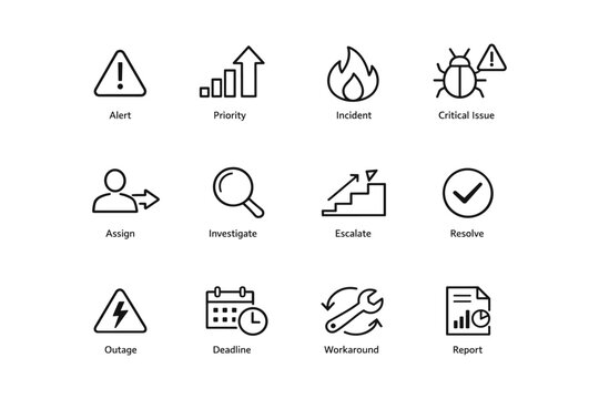 Tech operations icons: alert, incident, report, escalate, resolve