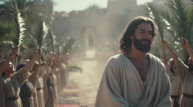 Triumphal entry into Jerusalem on palm sunday riding a humble donkey with crowds waving branches. Genrative AI