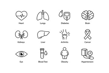 Fototapeta premium Medical icons: heart, lungs, diabetes, brain, kidneys, liver, arthritis, cancer, eye, blood test, obesity, hypertension