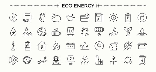 Fototapeta premium Green Energy linear icon collection. Power modern icon set. Contains related to green, electric, power, sustainable, eco, hydro. Signs for web and mobile app.