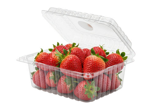 Fresh strawberries in a clear plastic container isolated on transparent background