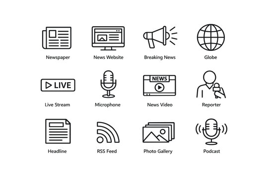 News media icons collection: newspaper, microphone, globe, podcast, reporter