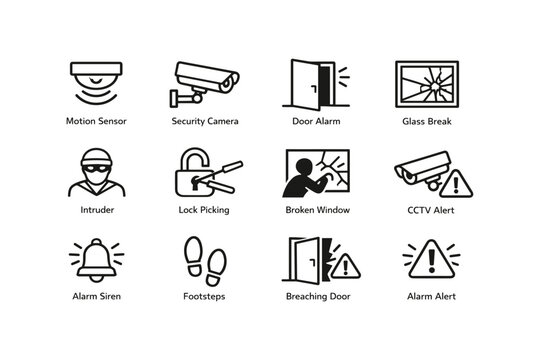 Home security symbols featuring cameras, alarms, and intruder alerts