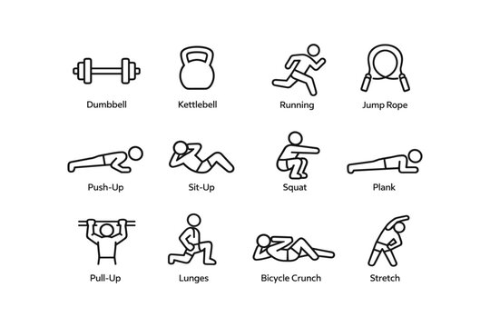 Fitness icon set: dumbbell, kettlebell, running, jump rope, exercise actions