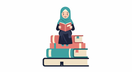 Cute Muslim girl in hijab sitting on a large stack of books, happily reading a story, symbolizing education, knowledge, and literacy for children.