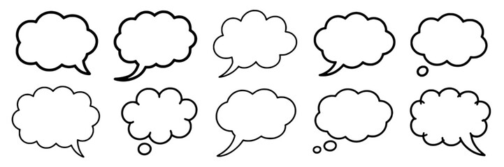 Speech bubble outline set with comic cloud shapes and tails, cartoon dialogue and thought balloons in black line style, isolated doodle icons for chat messaging