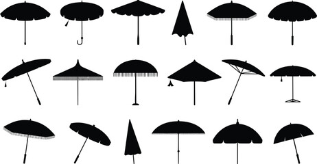Umbrella Silhouette Set Collection Isolated on White Background, Black Parasol and Rain Umbrella Shapes for Graphic Design Resource © MD SHAHARIR