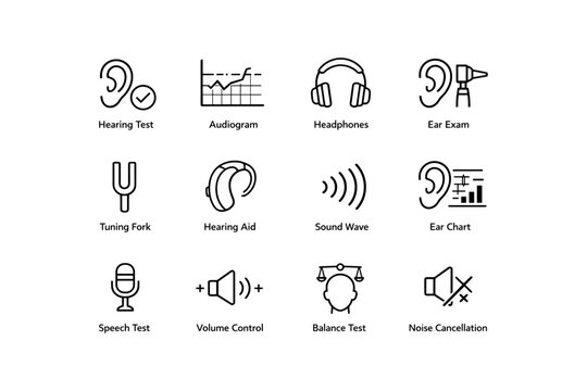 Hearing test icons: audiogram, headphones, ear exam, and more