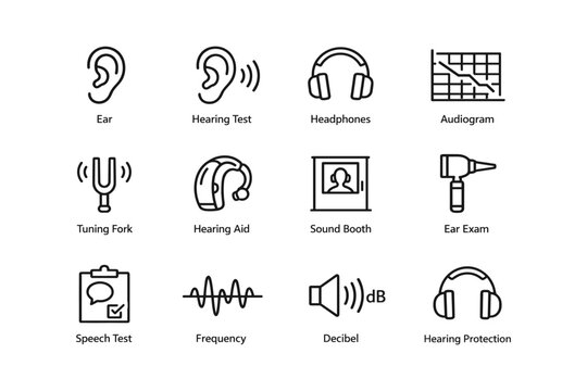 Hearing assessment icons: ear, headphones, audiogram, hearing aid, sound booth