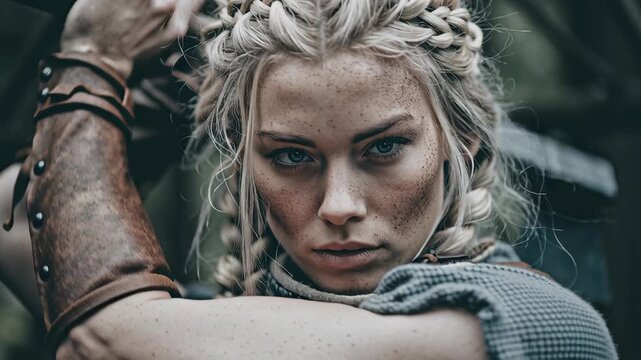 4k video of a woman viking with an axe.