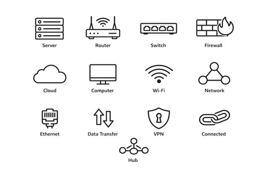 Network infrastructure icons: server, router, switch, firewall, ethernet, cloud, computer, wi-fi