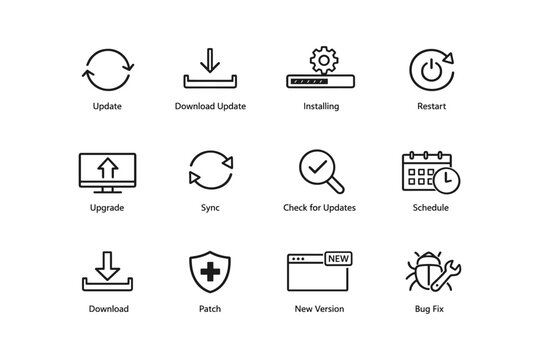 Set of software update icons: download, install, restart, upgrade, sync