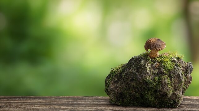 Mossy rock and wild mushroom set against a lush green backdrop, creating a natural forest texture ideal for elegant product presentation and display