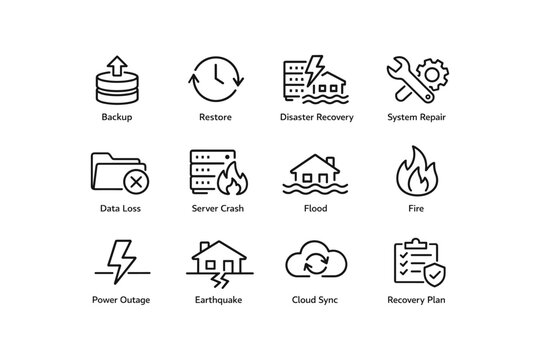 Disaster recovery and system repair icons: backup, restore, fire, flood, earthquake