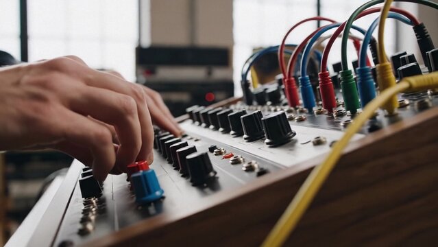 Hands adjust knobs on modular synthesizer in home studio, close up sound design workflow for electronic music production, creative tech mood for World Music Day