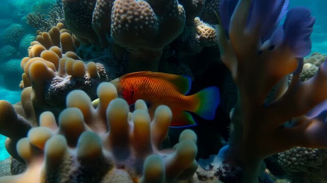Vibrant parrotfish swimming among coral reef ecosystem underwater scene