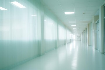 Fototapeta premium Long bright hospital corridor with empty hallway and sterile environment
