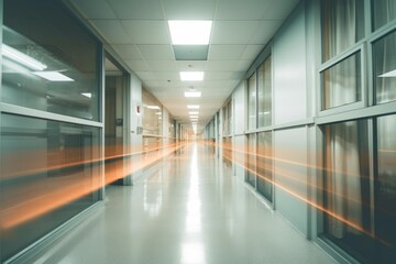 Fototapeta premium Empty long hospital corridor presenting speed and modern design