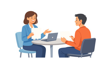 Obraz premium Two people are sitting at a table discussing papers and a laptop in a bright office environment during the day
