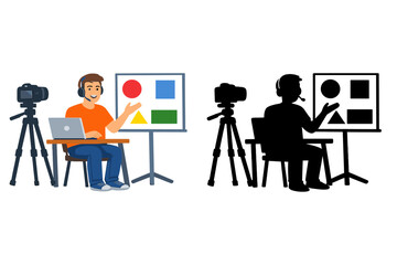 Fototapeta premium Man sits at desk with laptop and presentation board while recording a video lesson about shapes and colors in a well-lit room during daytime