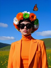 Fashion Portrait with Floral Crown and Butterfly