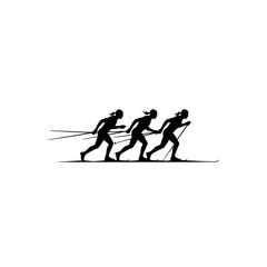 Three silhouette athletes sprinting together in a synchronized team run.
