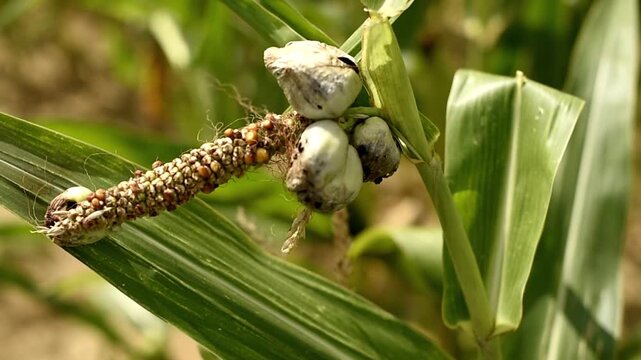 Close up of corn smut fungus galls growing on a maize ear in a field. Infected corn kernels with grey fungal growth.