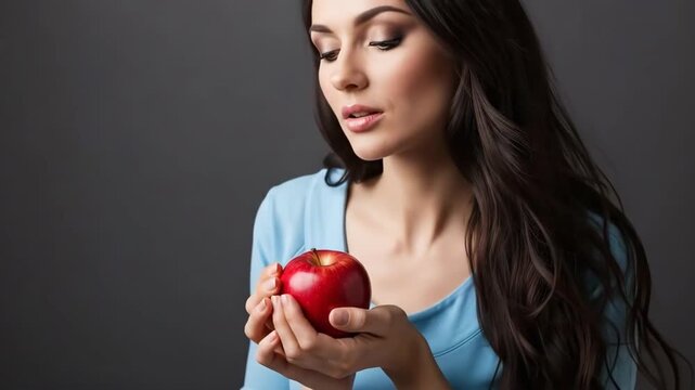 Woman holding a red apple with thoughtful expression