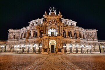 Semper Opera House Dresden illuminated at night with historic baroque architecture